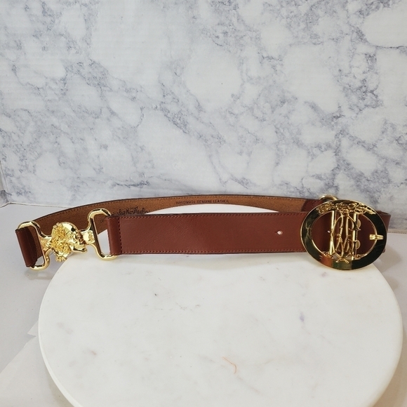 Christian Audigier Small Brown Leather Belt Skulls Roses Gold Halloween 90s Rare main image 4